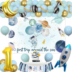 first trip around the sun birthday party decoration, outer space 1st birthday backdrop one highchair banner cake topper dusty blue balloons arch kit moon number 1 rocket foil balloon