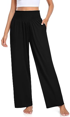 TARSE Womens Smocked Ruffle High Waisted Wide Leg Yoga Sweatpants Comfy Palazzo Lounge Pants Pajama Pants with Pockets Black M