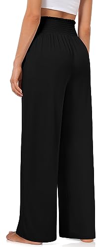 TARSE Womens Smocked Ruffle High Waisted Wide Leg Yoga Sweatpants Comfy Palazzo Lounge Pants Pajama Pants with Pockets Black M