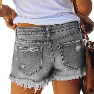 LISK Summer Hipster Girl Ripped Tassel Denim Straight Breasted Shorts Hot Pants (Color : Grey, Size : S)