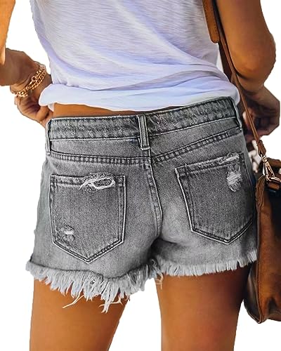 LISK Summer Hipster Girl Ripped Tassel Denim Straight Breasted Shorts Hot Pants (Color : Grey, Size : S)