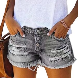 LISK Summer Hipster Girl Ripped Tassel Denim Straight Breasted Shorts Hot Pants (Color : Grey, Size : S)