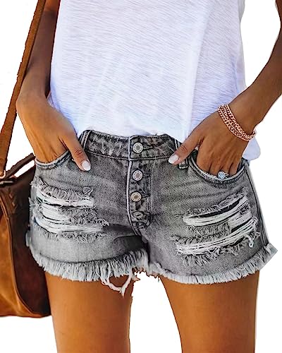 LISK Summer Hipster Girl Ripped Tassel Denim Straight Breasted Shorts Hot Pants (Color : Grey, Size : S)