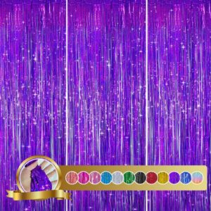 likajon 3 pack 3.3x8.2 feet purple backdrop for purple party decorations, purple metallic tinsel foil fringe curtains, purple fringe backdrop for graduation baby shower gender reveal disco party