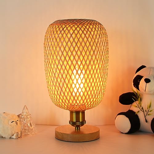 CACCISUN Bedside Table Lamp, Dimmable Rattan Lamp, Woven Table Lamp Boho Bedside Lamp, Handmade Desk Accent Lamp for Living Room End Tables, Kids Room, Bedroom, Dorm Decor