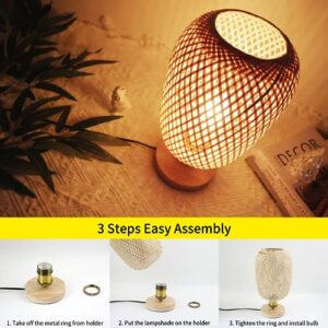 CACCISUN Bedside Table Lamp, Dimmable Rattan Lamp, Woven Table Lamp Boho Bedside Lamp, Handmade Desk Accent Lamp for Living Room End Tables, Kids Room, Bedroom, Dorm Decor