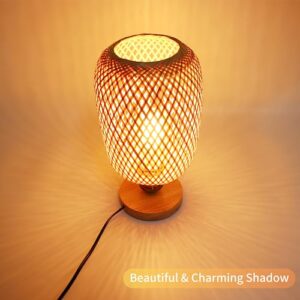 CACCISUN Bedside Table Lamp, Dimmable Rattan Lamp, Woven Table Lamp Boho Bedside Lamp, Handmade Desk Accent Lamp for Living Room End Tables, Kids Room, Bedroom, Dorm Decor