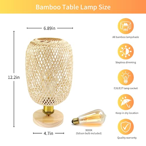 CACCISUN Bedside Table Lamp, Dimmable Rattan Lamp, Woven Table Lamp Boho Bedside Lamp, Handmade Desk Accent Lamp for Living Room End Tables, Kids Room, Bedroom, Dorm Decor