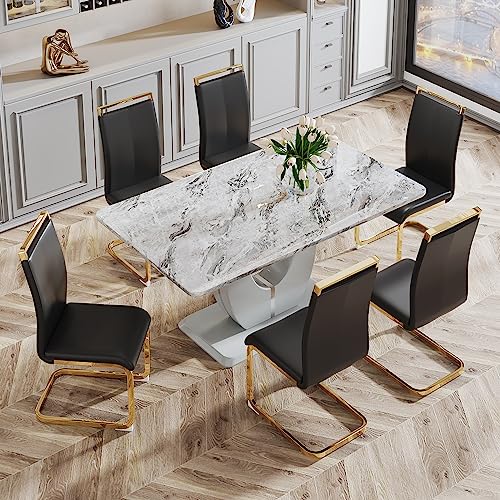 JUFU Modern Dining Table Set for 6,Rectangula Kitchen Table Set with Faux Marble Tabletop＆6 Pu Leather Upholstered Chairs Ideal for Dining Room, Kitchen