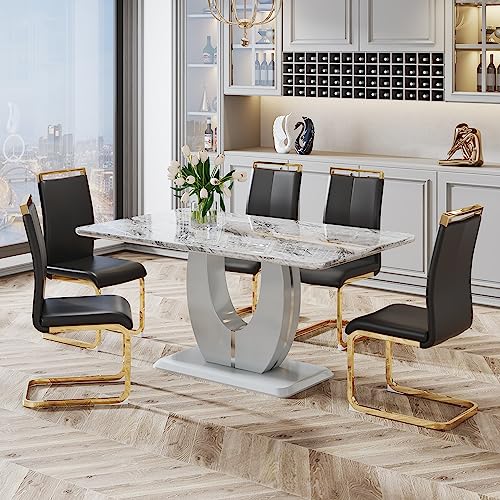 JUFU Modern Dining Table Set for 6,Rectangula Kitchen Table Set with Faux Marble Tabletop＆6 Pu Leather Upholstered Chairs Ideal for Dining Room, Kitchen