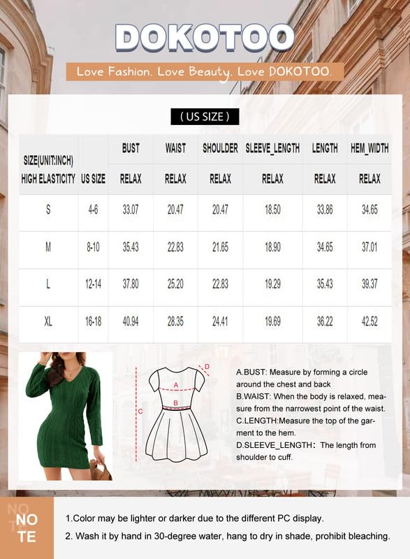 Dokotoo Women Casual Knit Mini Sweater Dresses Long Sleeve V Neck Bodycon Solid Color Cable Knit Chunky Pullover Red Jumper Tops Small