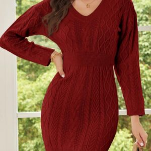 Dokotoo Women Casual Knit Mini Sweater Dresses Long Sleeve V Neck Bodycon Solid Color Cable Knit Chunky Pullover Red Jumper Tops Small