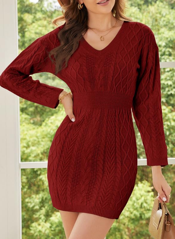 Dokotoo Women Casual Knit Mini Sweater Dresses Long Sleeve V Neck Bodycon Solid Color Cable Knit Chunky Pullover Red Jumper Tops Small