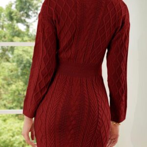 Dokotoo Women Casual Knit Mini Sweater Dresses Long Sleeve V Neck Bodycon Solid Color Cable Knit Chunky Pullover Red Jumper Tops Small