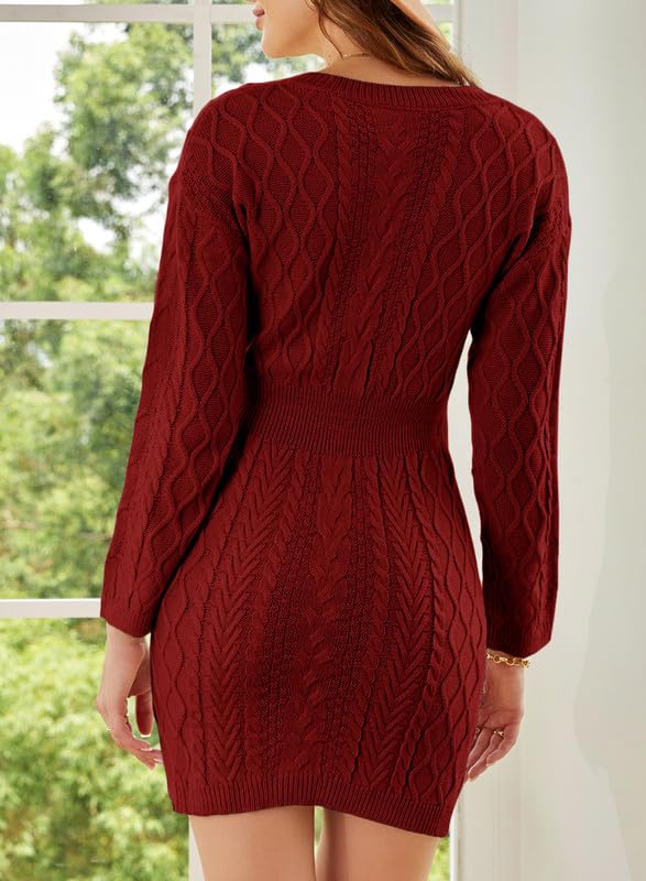 Dokotoo Women Casual Knit Mini Sweater Dresses Long Sleeve V Neck Bodycon Solid Color Cable Knit Chunky Pullover Red Jumper Tops Small