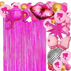 hot pink party decorations pink balloon garland arch kit pink princess girl bow balloons hot pink rose red light pink matte white balloons silver disco ball pink foil fringe backdrop