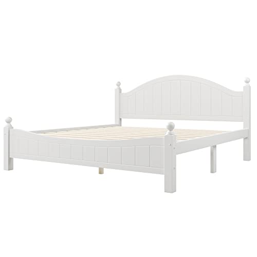 Harper & Bright Designs King Size Platform Bed with Headboard and Footboard,Solid Wood White King Bed Frames with Slat Support, Traditional Concise Style Single King Bed for Teens Adults, White