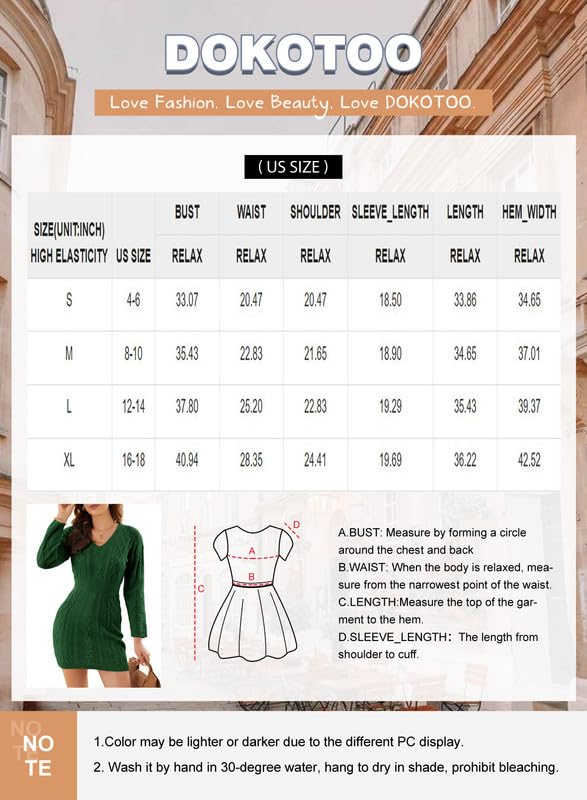 Dokotoo Women Green Sweater Dress V Neck Slim Fit Bodycon Sexy Dress Long Sleeve Cable Knit Chunky Fall Dresses Elegant Winter Pullover Jumper Sweaters Small