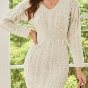 Dokotoo Women White Sweater Dress Long Sleeve V Neck Slim Fit Bodycon Sexy Dress Cable Knit Chunky Warm Winter Pullover Elegant Knitted Fall Jumper Sweaters Large