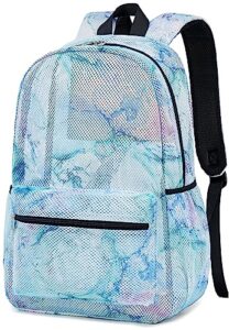 ledaou mesh backpack for kids girls semi-transparent mesh school backpack bookbag lightweight casual daypacks for beach gym(marble purple blue green)