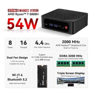 Beelink Mini PC, AMD Ryzen 7 5800H (8C/16T, up to 4.4GHz, 54W TDP), Mini Computer 16GB DDR4 1TB PCIe3.0 SSD, Support 4K@60Hz Triple Display/WiFi 6/BT5.2/USB3.2/Gaming/Office/Home Desktop PC