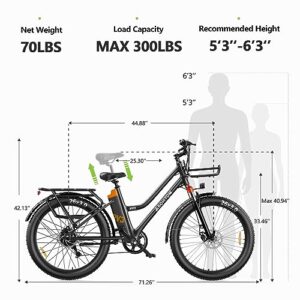 Asomtom 350W Aluminum Alloy Electric City Cruiser Bike, 26" x 3.0" Tires, Removable Battery, 40-Mile Range, 20+ MPH Speed, Shimano 7-Speed, UL Certified
