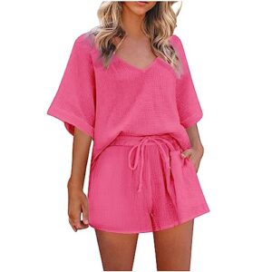 hgps8w two piece outfits for women casual loose short sleeve v neck pullover top and shorts lounge pajama set with pockets