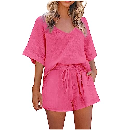 HGps8w Two Piece Outfits for Women Casual Loose Short Sleeve V Neck Pullover Top and Shorts Lounge Pajama Set with Pockets