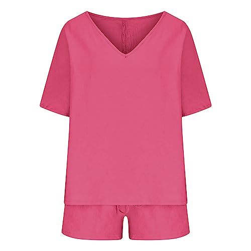 HGps8w Two Piece Outfits for Women Casual Loose Short Sleeve V Neck Pullover Top and Shorts Lounge Pajama Set with Pockets