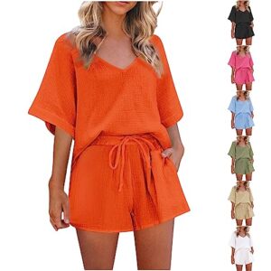 HGps8w Two Piece Outfits for Women Casual Loose Short Sleeve V Neck Pullover Top and Shorts Lounge Pajama Set with Pockets