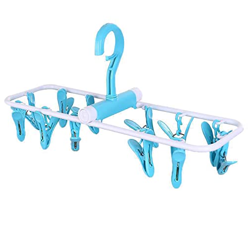 Foldable Clip Hanger Drying Rack, Laundry Clip Hanger, Foldable Clip Hanger, Windproof Hanger, Foldable Windproof Underwear and Sock Hanger with 12 Clips for Home - Plastic Drying Clip Rack(Blue)