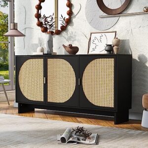 Merax Sideboard Buffet Cabinet with Storage and Rattan Door, Built-in Adjustable Shelves, for Living, Dining Room and Kitchen, Black