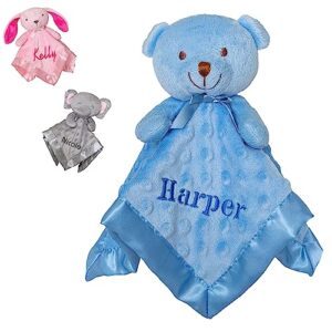 personalized baby lovey with custom name - soft and snuggly baby security blanket - blue teddy bear stuffed animal security blankets for babies 11" - personalized baby gifts for girl and boy