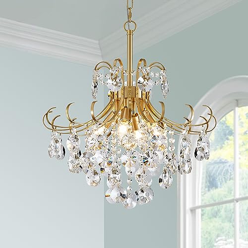 peskoe Gold Chandeliers for Dining Room, 4-Light Modern Crystal Light Fixture, Living Room Bedroom Pendant Ceiling Lamp, Luxury Hanging Light, H 17.7'' x W 18.1''