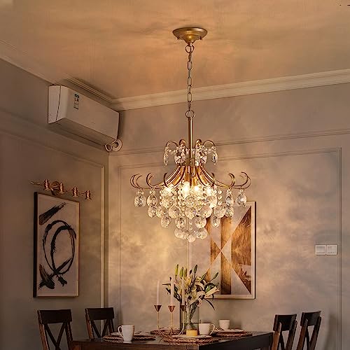 peskoe Gold Chandeliers for Dining Room, 4-Light Modern Crystal Light Fixture, Living Room Bedroom Pendant Ceiling Lamp, Luxury Hanging Light, H 17.7'' x W 18.1''