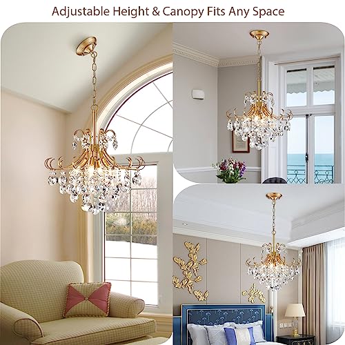 peskoe Gold Chandeliers for Dining Room, 4-Light Modern Crystal Light Fixture, Living Room Bedroom Pendant Ceiling Lamp, Luxury Hanging Light, H 17.7'' x W 18.1''