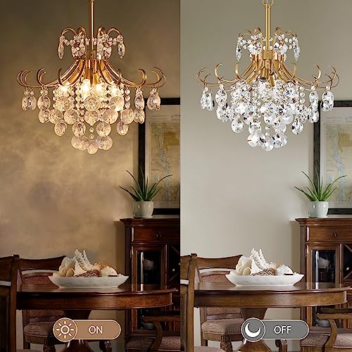 peskoe Gold Chandeliers for Dining Room, 4-Light Modern Crystal Light Fixture, Living Room Bedroom Pendant Ceiling Lamp, Luxury Hanging Light, H 17.7'' x W 18.1''