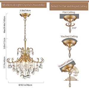 peskoe Gold Chandeliers for Dining Room, 4-Light Modern Crystal Light Fixture, Living Room Bedroom Pendant Ceiling Lamp, Luxury Hanging Light, H 17.7'' x W 18.1''