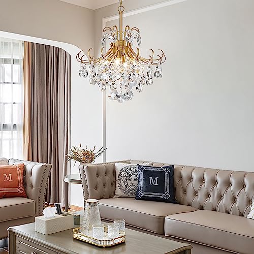 peskoe Gold Chandeliers for Dining Room, 4-Light Modern Crystal Light Fixture, Living Room Bedroom Pendant Ceiling Lamp, Luxury Hanging Light, H 17.7'' x W 18.1''