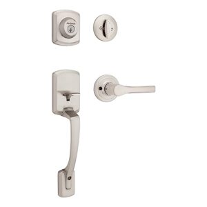 kwikset henley front entry door handleset and deadbolt with interior reversible lever, featuring smartkey re-key security technology with microban protection in satin nickel