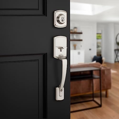 Kwikset Henley Front Entry Door Handleset and Deadbolt with Interior Reversible Lever, Featuring SmartKey Re-Key Security Technology with Microban Protection in Satin Nickel