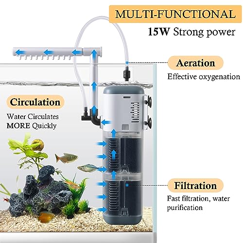 VILLNO Internal Multi-Functional Filter for Aquarium,300 GPH 15W Power Filter for 30-80 Gallon Fish Tank, Submersible Aquarium Filter