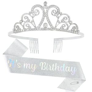 bahaby birthday crown for women it's my birthday sash & rhinestone tiara set birthday sash and tiara for women rhinestone headband for girl glitter crystal hair accessories for party- silver