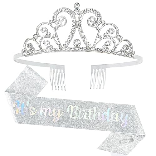 BAHABY Birthday Crown for Women It's My Birthday Sash & Rhinestone Tiara Set Birthday Sash and Tiara for Women Rhinestone Headband for Girl Glitter Crystal Hair Accessories for Party- Silver