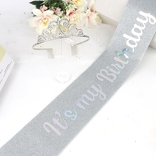 BAHABY Birthday Crown for Women It's My Birthday Sash & Rhinestone Tiara Set Birthday Sash and Tiara for Women Rhinestone Headband for Girl Glitter Crystal Hair Accessories for Party- Silver