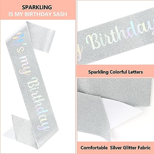 BAHABY Birthday Crown for Women It's My Birthday Sash & Rhinestone Tiara Set Birthday Sash and Tiara for Women Rhinestone Headband for Girl Glitter Crystal Hair Accessories for Party- Silver