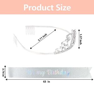 BAHABY Birthday Crown for Women It's My Birthday Sash & Rhinestone Tiara Set Birthday Sash and Tiara for Women Rhinestone Headband for Girl Glitter Crystal Hair Accessories for Party- Silver