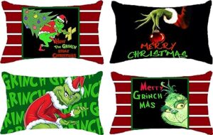 christmas pillow covers 12x20 inch set of 4 for christmas decorations winter xmas farmhouse pillow case, merry grinchmas throw pillow covers cotton linen pillow case grinch holiday decor for home