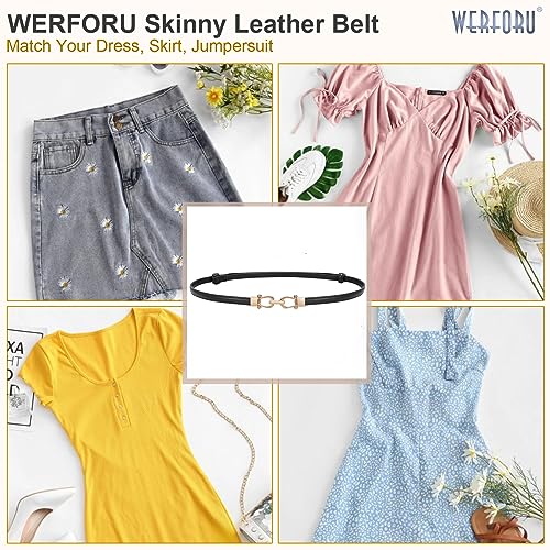 WERFORU Women Skinny Belt for Dress,Thin Waist Belt - Adjustable Leather Belt with Gold Buckle, Black, Fit Waist Size below 37 Inches