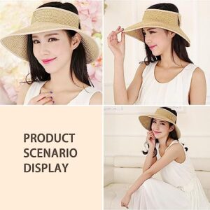 Sun Hat Womens, Summer Beach Visor Hats,Straw Hats Roll-Up Wide Brim Ponytail Hats UV UP Packable Foldable for Traval, Khaki